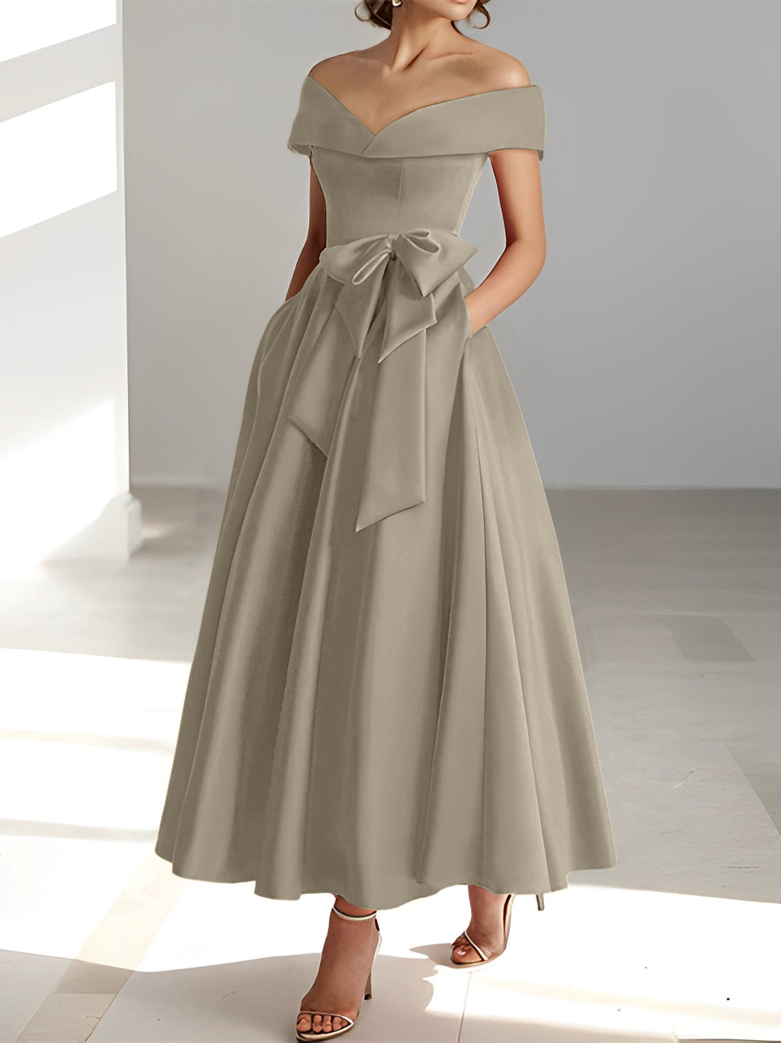 Sleeveless Off the Shoulder A Line Ankle Length Mother of the Bride Dresses with Pockets