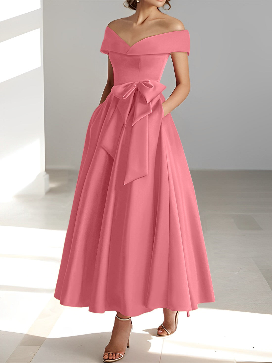 Sleeveless Off the Shoulder A Line Ankle Length Mother of the Bride Dresses with Pockets
