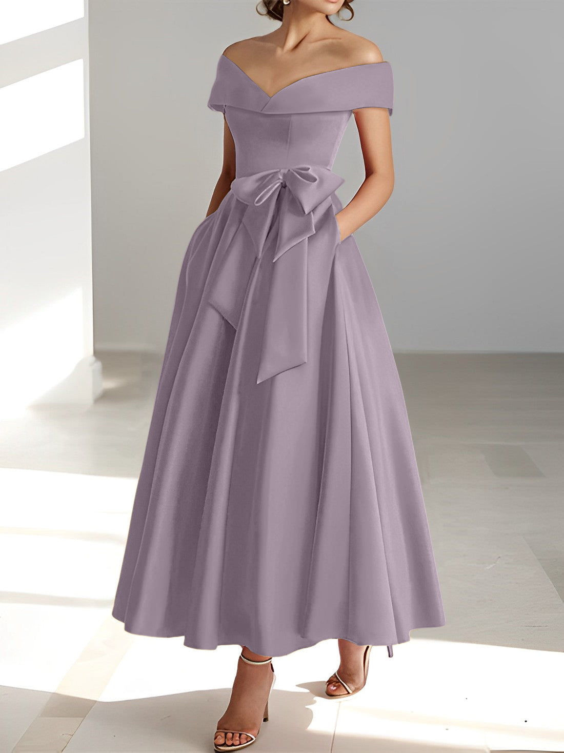 Sleeveless Off the Shoulder A Line Ankle Length Mother of the Bride Dresses with Pockets