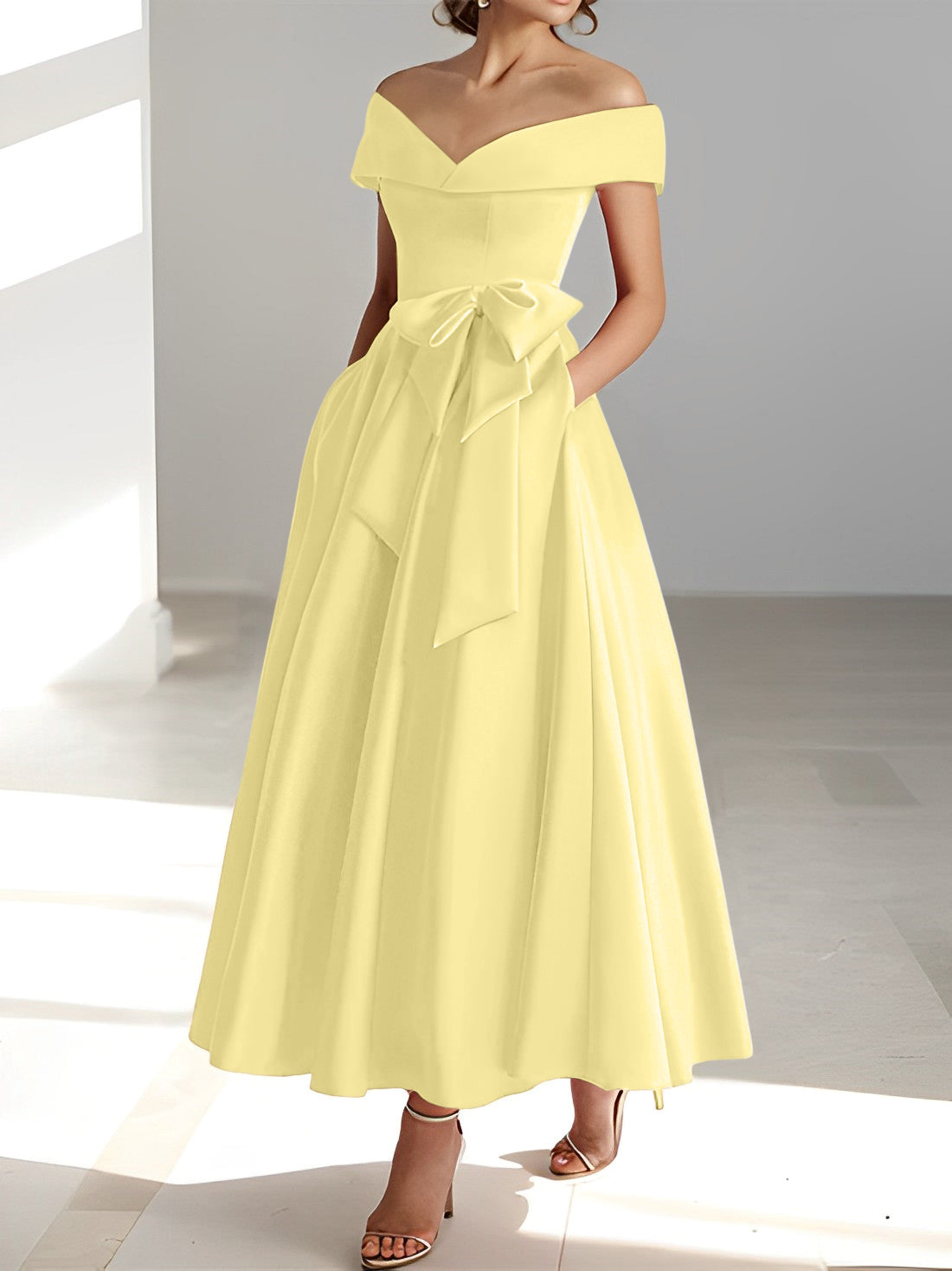 Sleeveless Off the Shoulder A Line Ankle Length Mother of the Bride Dresses with Pockets