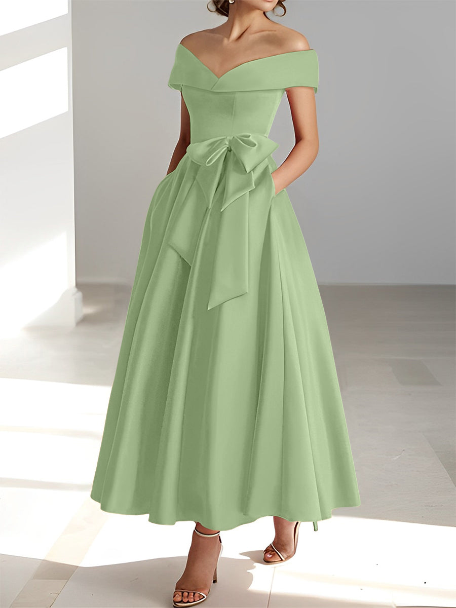 Sleeveless Off the Shoulder A Line Ankle Length Mother of the Bride Dresses with Pockets