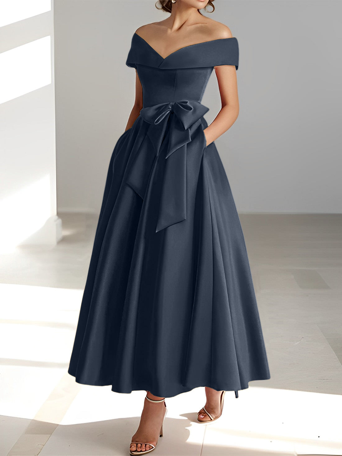 Sleeveless Off the Shoulder A Line Ankle Length Mother of the Bride Dresses with Pockets