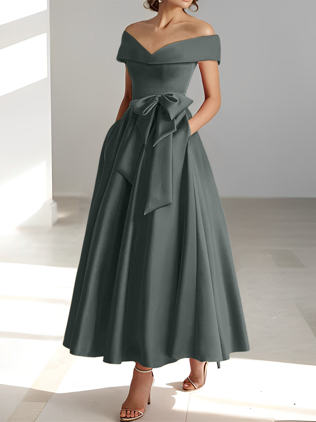 Sleeveless Off the Shoulder A Line Ankle Length Mother of the Bride Dresses with Pockets