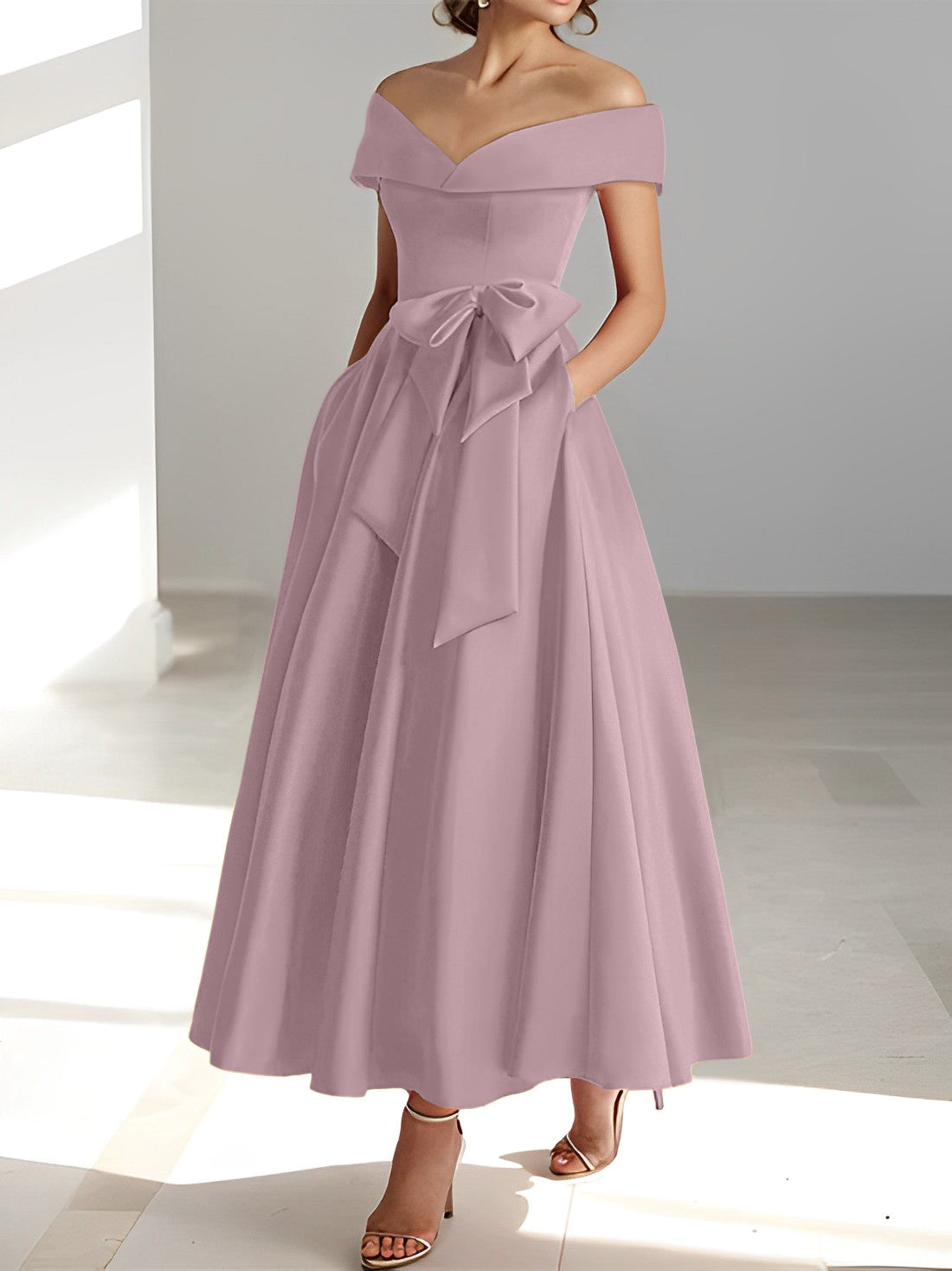 Sleeveless Off the Shoulder A Line Ankle Length Mother of the Bride Dresses with Pockets