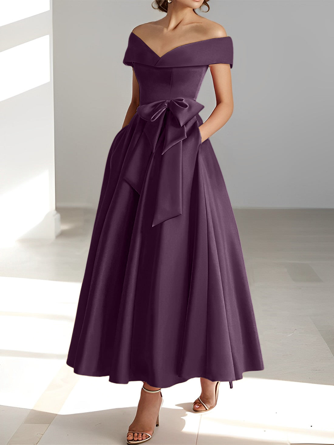 Sleeveless Off the Shoulder A Line Ankle Length Mother of the Bride Dresses with Pockets