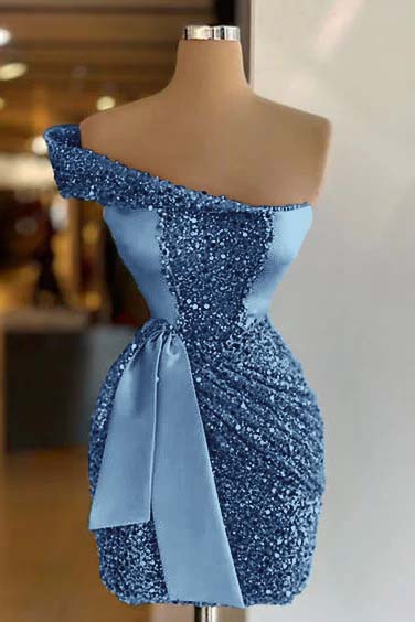 Sleeveless One Shoulder Homecoming Dress Short Sequined Cocktail Dress Pleated With Belt