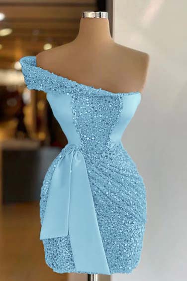 Sleeveless One Shoulder Homecoming Dress Short Sequined Cocktail Dress Pleated With Belt