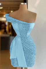 Sleeveless One Shoulder Homecoming Dress Short Sequined Cocktail Dress Pleated With Belt