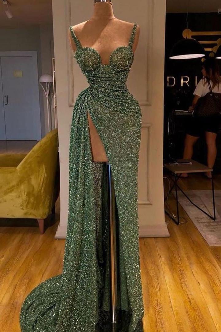 Spaghetti Starps Shinning Sequins Mermaid Prom Dress With Split