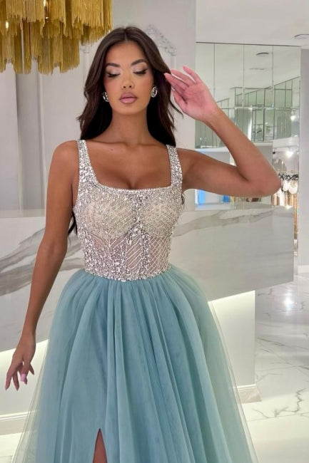Spaghetti Strap Blue Prom Dress Square Beaded A Line Sleeveless Floor Length Tulle Formal Dress With Slit