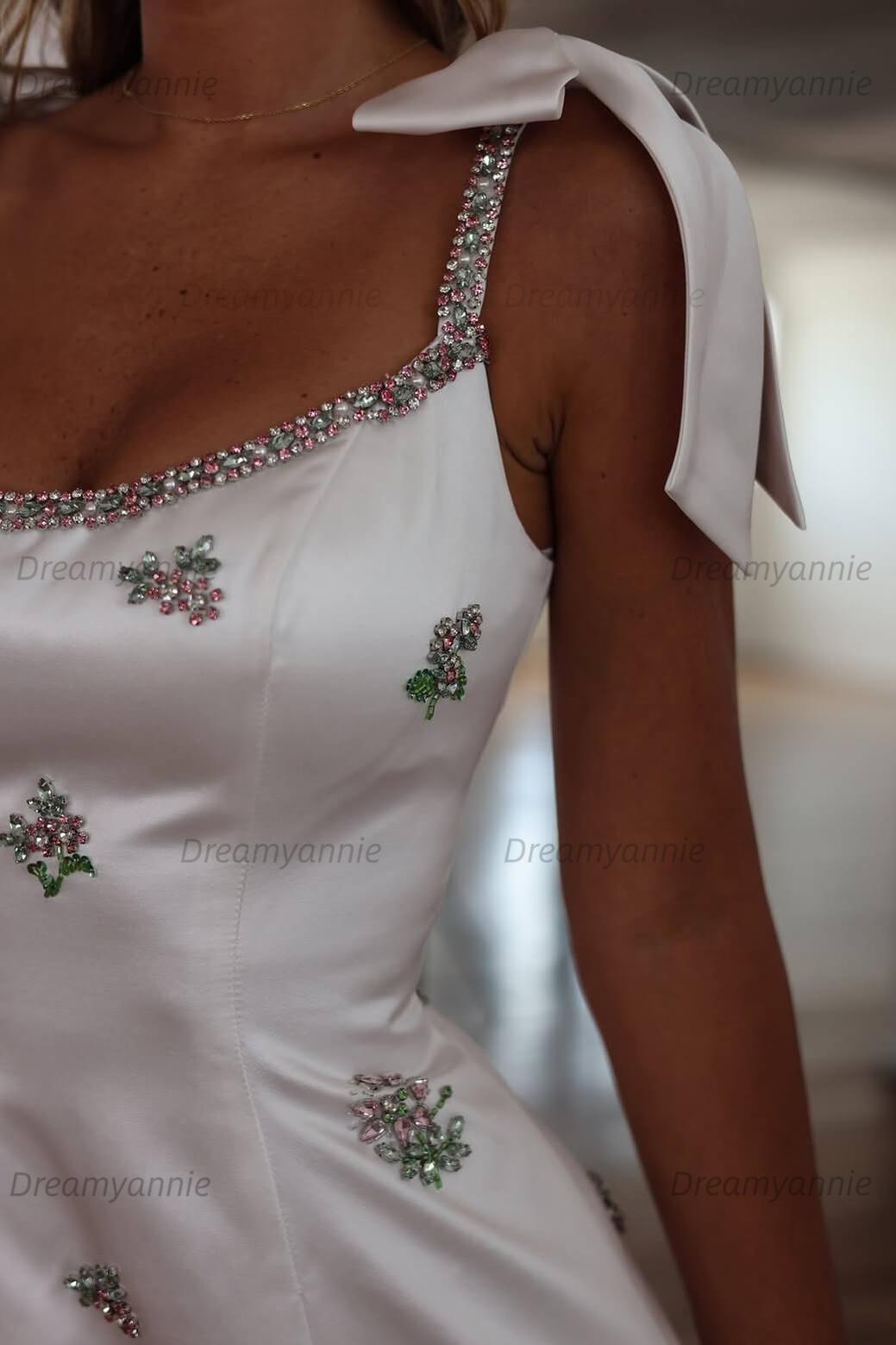 Spaghetti Straps A Line Homecoming Dress Beaded Cocktail Dress with Bowknots