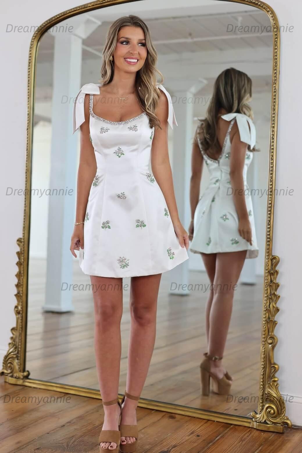 Spaghetti Straps A Line Homecoming Dress Beaded Cocktail Dress with Bowknots