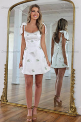 Spaghetti Straps A Line Homecoming Dress Beaded Cocktail Dress with Bowknots