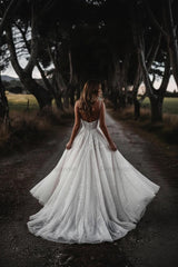 Spaghetti Straps Beach Wedding Dress Sequined Corset Sleeveless A Line Bridal Gown
