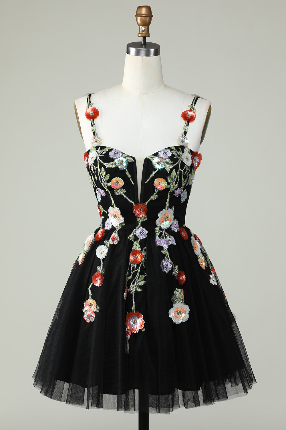 Spaghetti Straps Black Homecoming Dress A Line Sequin Flowers Prom Dress