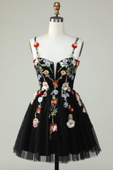 Spaghetti Straps Black Homecoming Dress A Line Sequin Flowers Prom Dress
