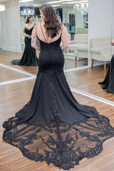 Spaghetti Straps Black Prom Dress Mermaid Formal Dress With Lace
