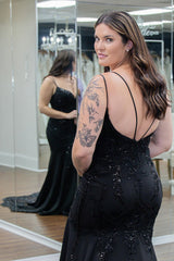 Spaghetti Straps Black Prom Dress Mermaid Formal Dress With Lace