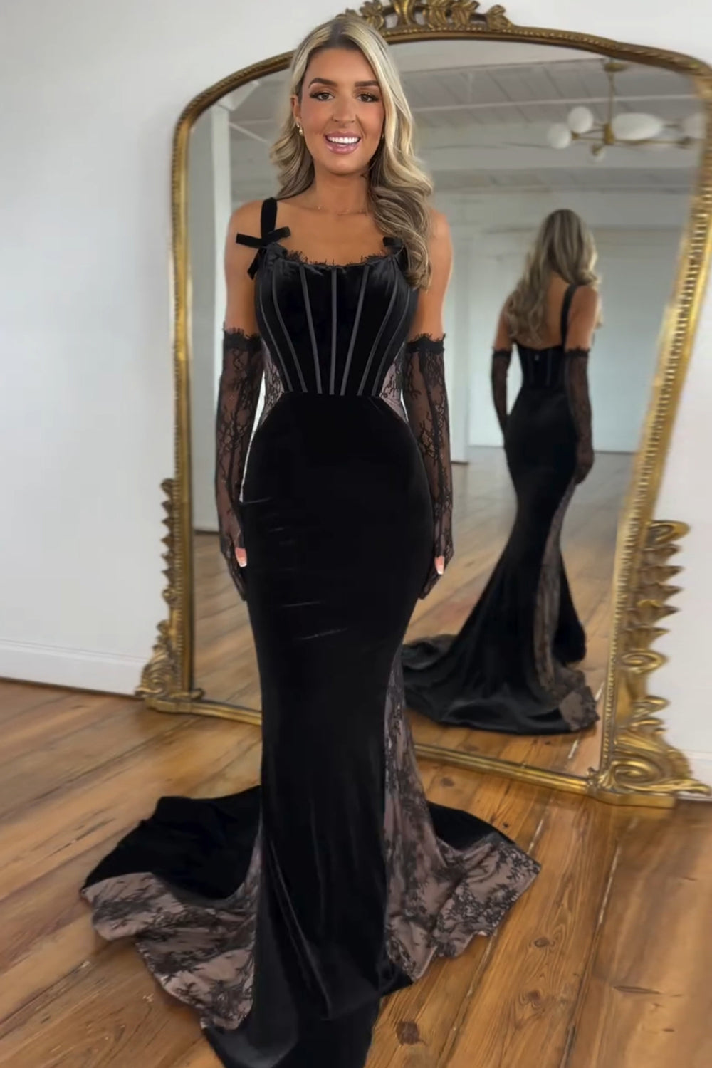 Spaghetti Straps Black Velvet Formal Dress Mermaid Corset Long Evening Dress