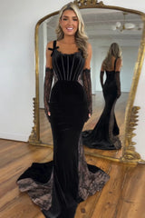 Spaghetti Straps Black Velvet Formal Dress Mermaid Corset Long Evening Dress
