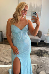 Spaghetti Straps Corset Light Blue Prom Dress Formal Dress With Slit