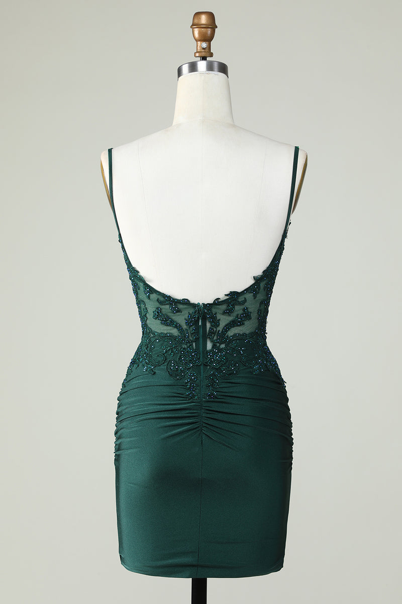 Spaghetti Straps Dark Green Homecoming Dress Corset Tight Short Prom Dress with Beading