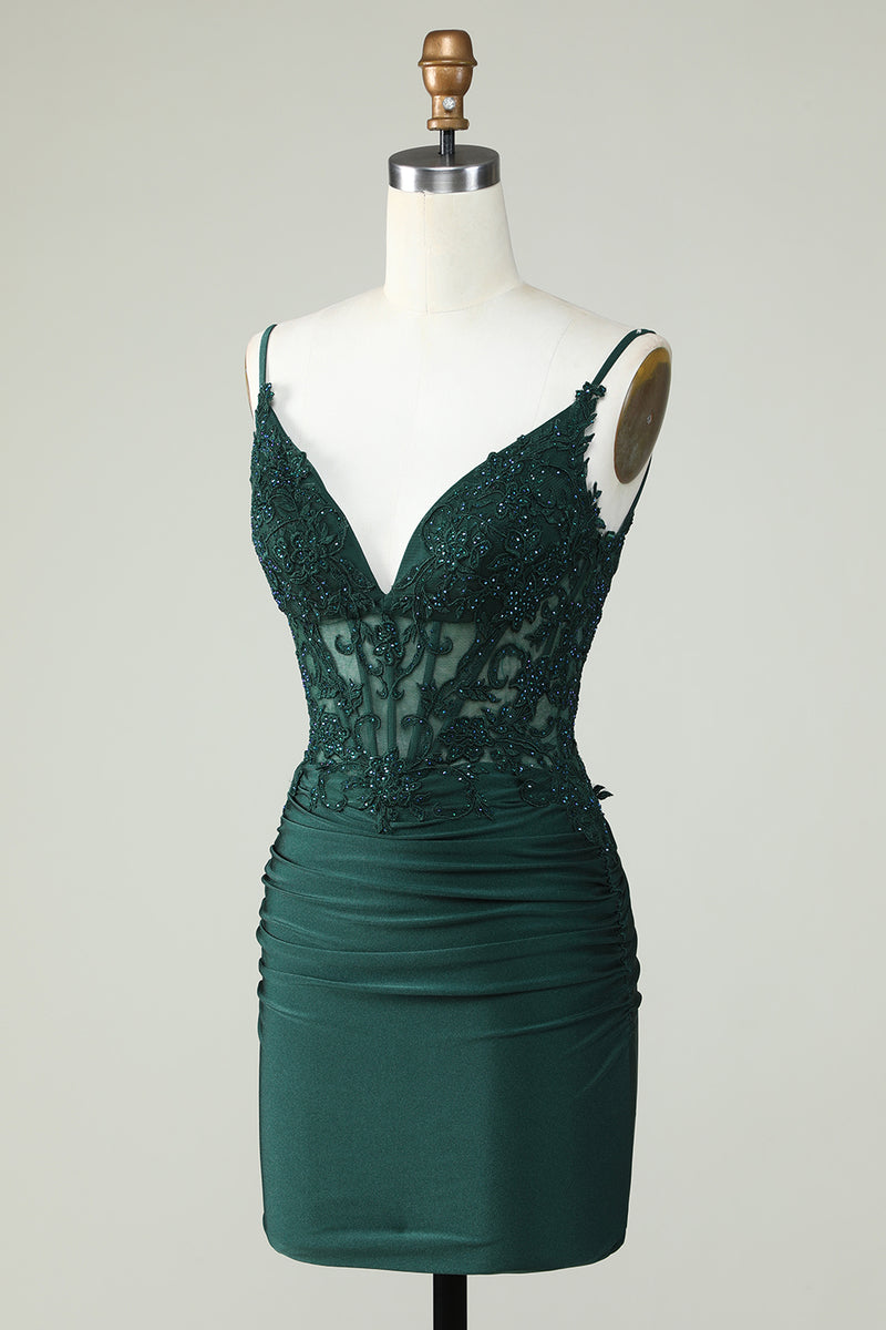 Spaghetti Straps Dark Green Homecoming Dress Corset Tight Short Prom Dress with Beading