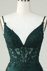 Spaghetti Straps Dark Green Homecoming Dress Corset Tight Short Prom Dress with Beading