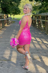 Spaghetti Straps Fuchsia Homecoming Dress Tight Short Prom Dress with Lace