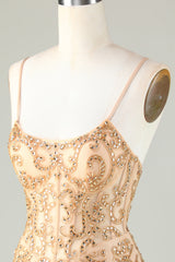 Spaghetti Straps Golden Homecoming Dress Tight Prom Dress with Beading