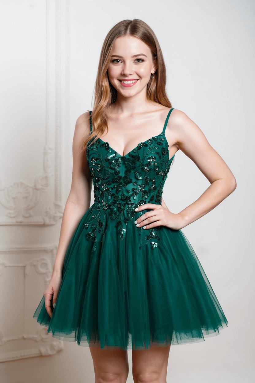 Spaghetti Straps Homecoming Dress Sequin A Line Tulle Short Cocktail Dresses