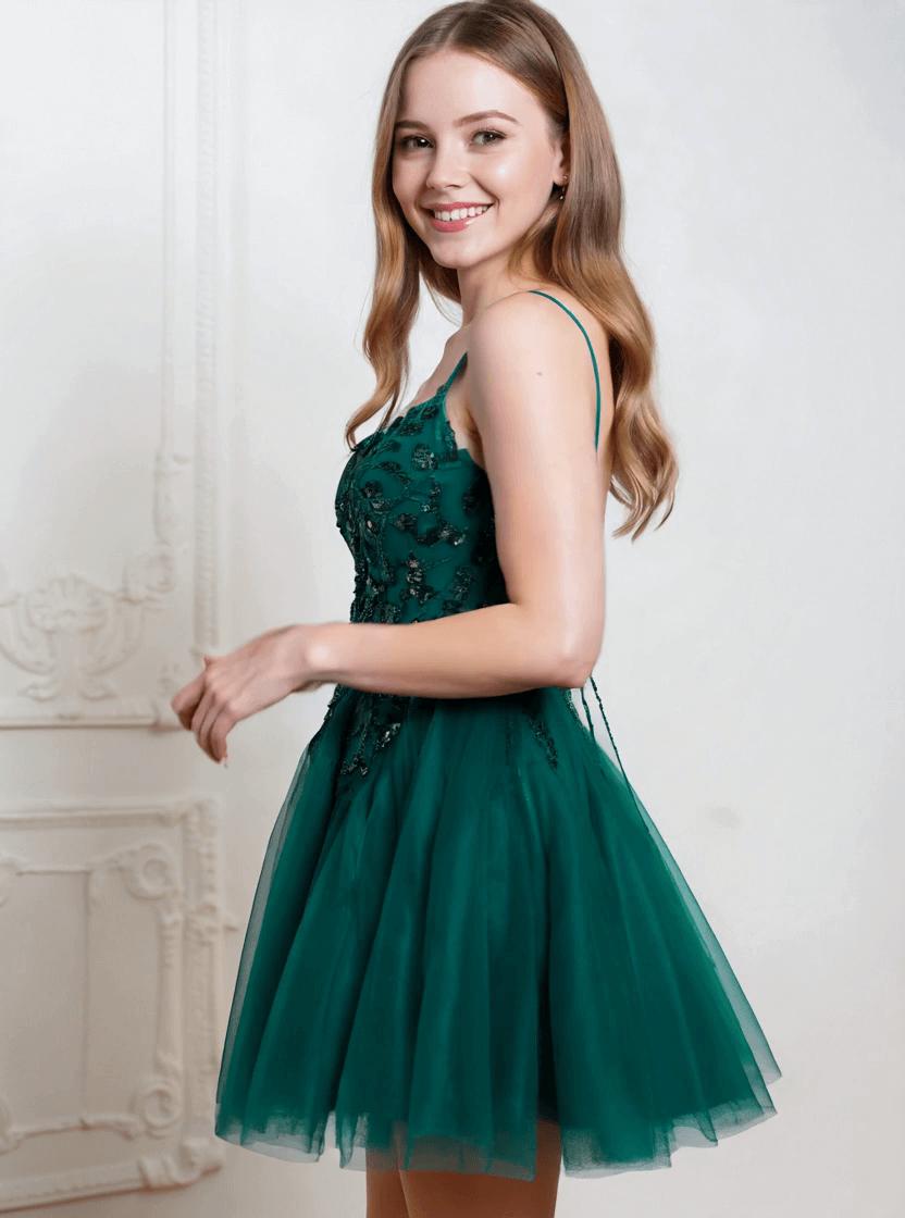 Spaghetti Straps Homecoming Dress Sequin A Line Tulle Short Cocktail Dresses