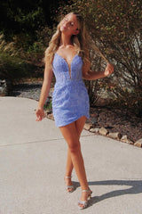 Spaghetti Straps Lilac Homecoming Dress Bodycon Short Prom Dress with Appliques