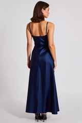 Spaghetti Straps Navy Wedding Guest Dress Satin Sheath Long Formal Dress
