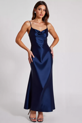 Spaghetti Straps Navy Wedding Guest Dress Satin Sheath Long Formal Dress
