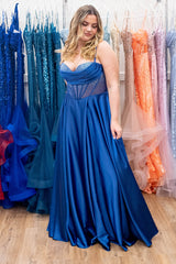 Spaghetti Straps Royal Blue Prom Dress Corset Long Evening Dress with Slit