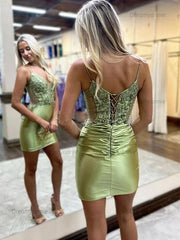 Spaghetti Straps Short Satin Homecoming Dress With Appliques