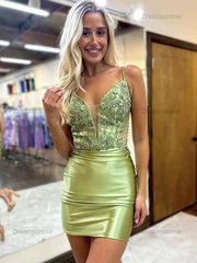 Spaghetti Straps Short Satin Homecoming Dress With Appliques
