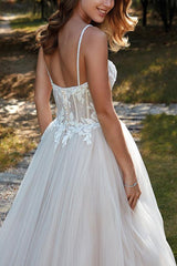 Spaghetti Traps Wedding Dress A Line Tulle With Lace Appliques and Sweep Train