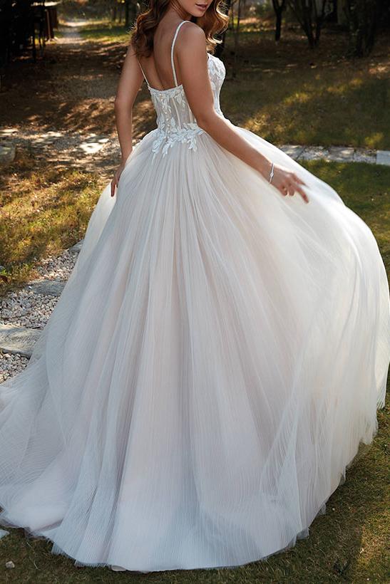 Spaghetti Traps Wedding Dress A Line Tulle With Lace Appliques and Sweep Train