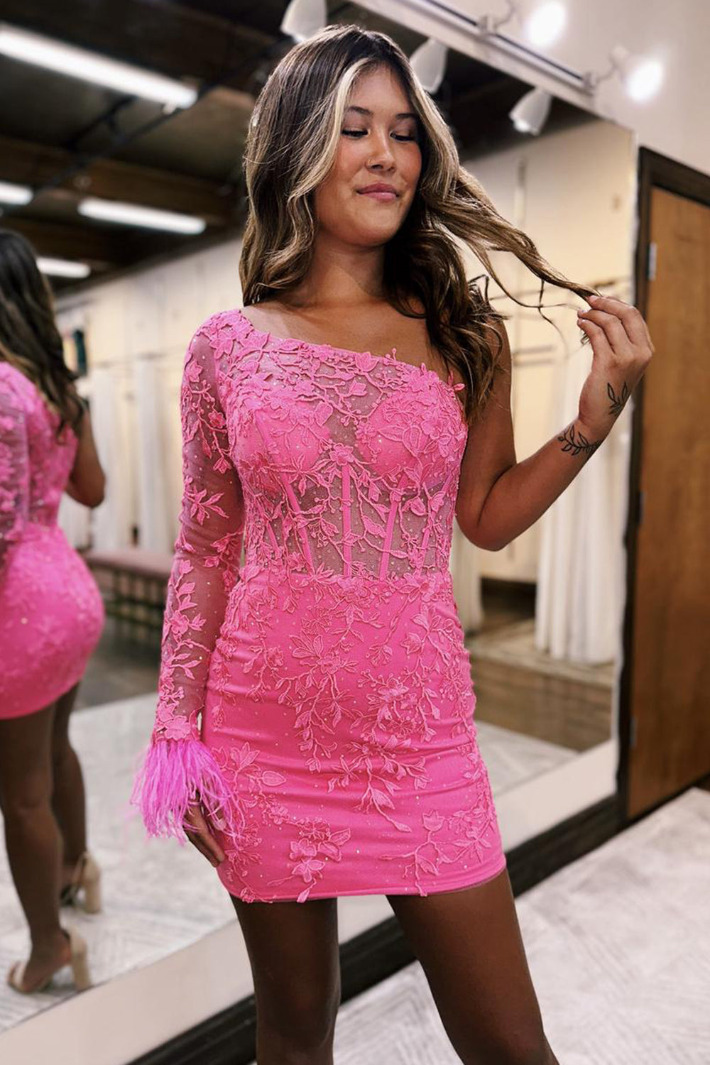 Spakly Pink Homecoming Dress One Shoulder Corset Tight Short Lace Prom Dress with Feathers