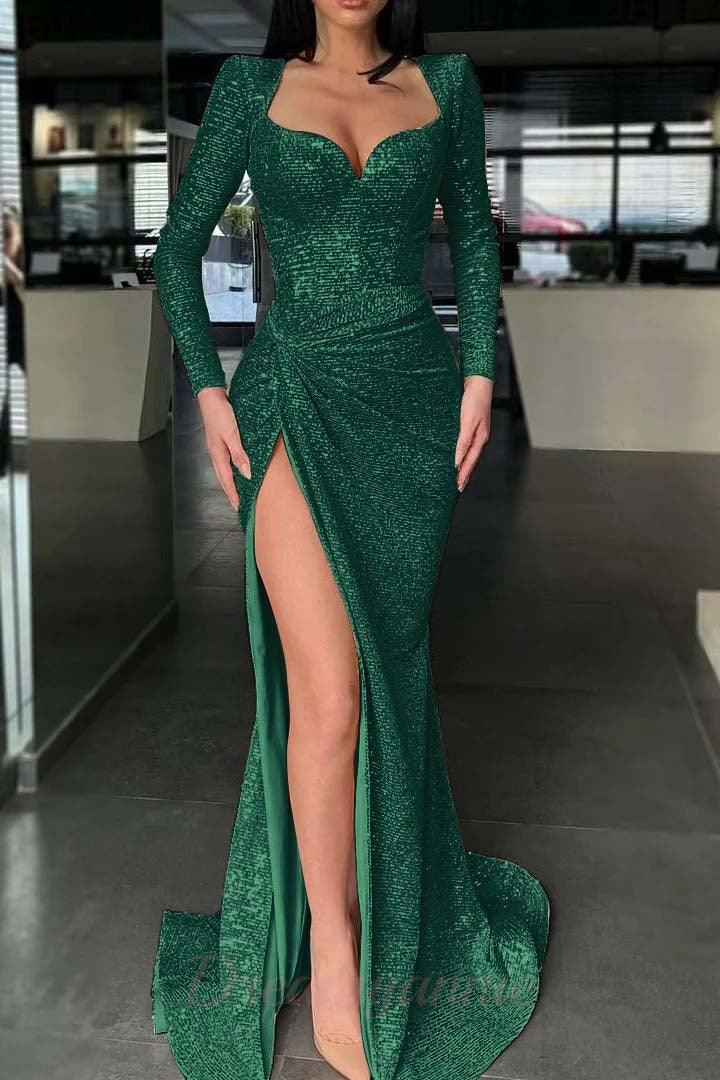 Sparkle Long Sleeves Formal Dress Sweetheart Sequin Mermaid High Split Prom Dress