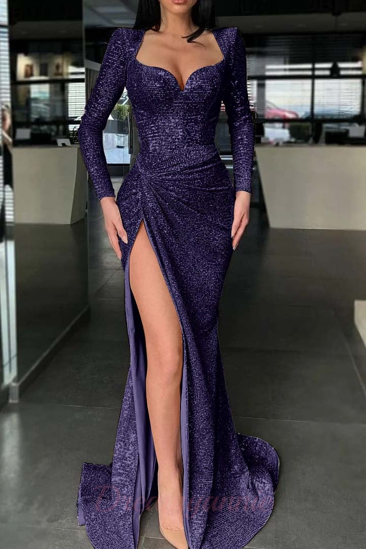 Sparkle Long Sleeves Formal Dress Sweetheart Sequin Mermaid High Split Prom Dress