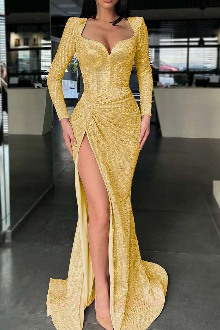 Sparkle Long Sleeves Formal Dress Sweetheart Sequin Mermaid High Split Prom Dress