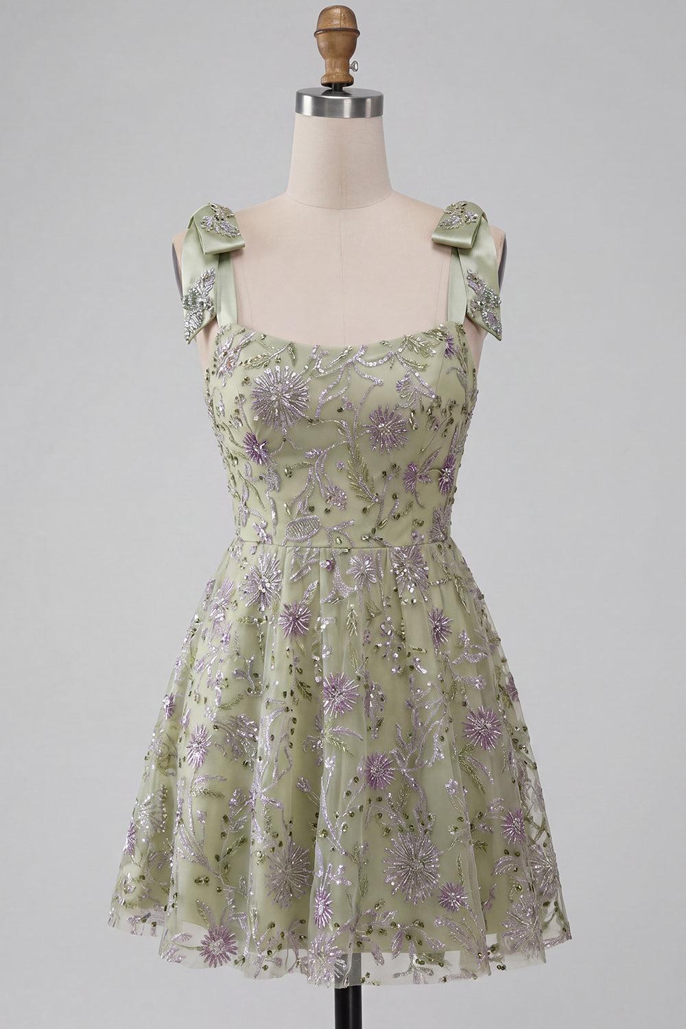 Sparkly A-Line Floral Dusty Sage Short Beaded Homecoming Dress with Bows