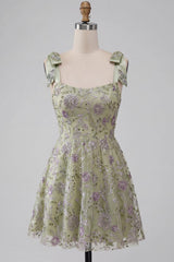 Sparkly A-Line Floral Dusty Sage Short Beaded Homecoming Dress with Bows