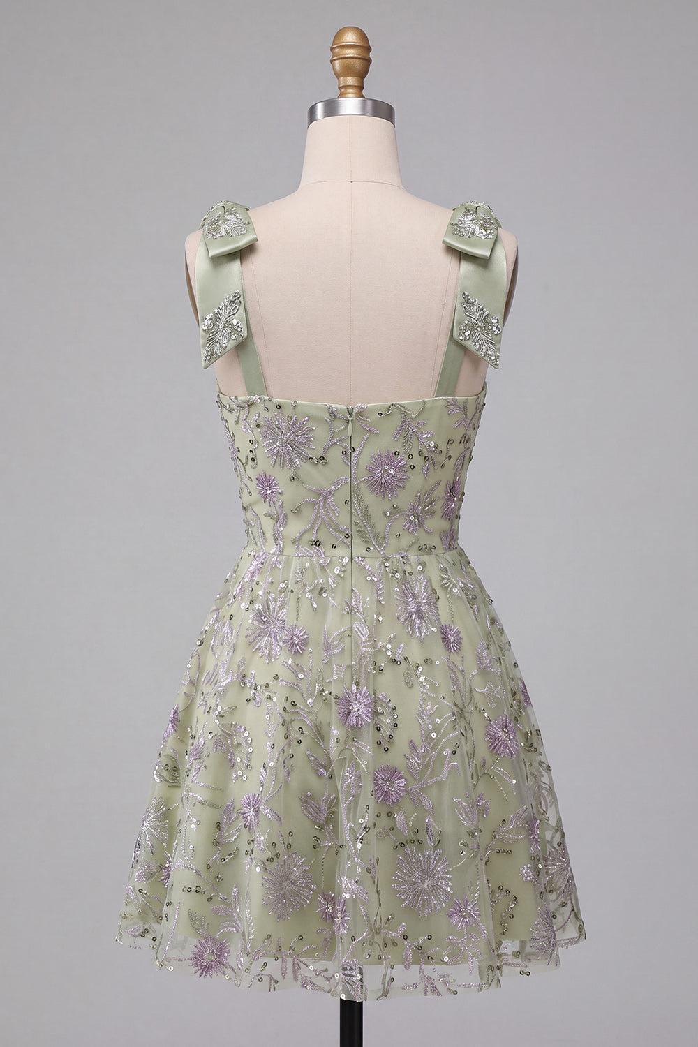 Sparkly A-Line Floral Dusty Sage Short Beaded Homecoming Dress with Bows