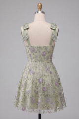 Sparkly A-Line Floral Dusty Sage Short Beaded Homecoming Dress with Bows