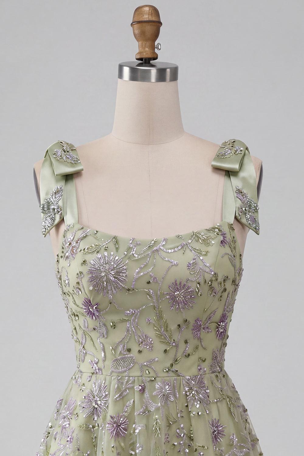 Sparkly A-Line Floral Dusty Sage Short Beaded Homecoming Dress with Bows