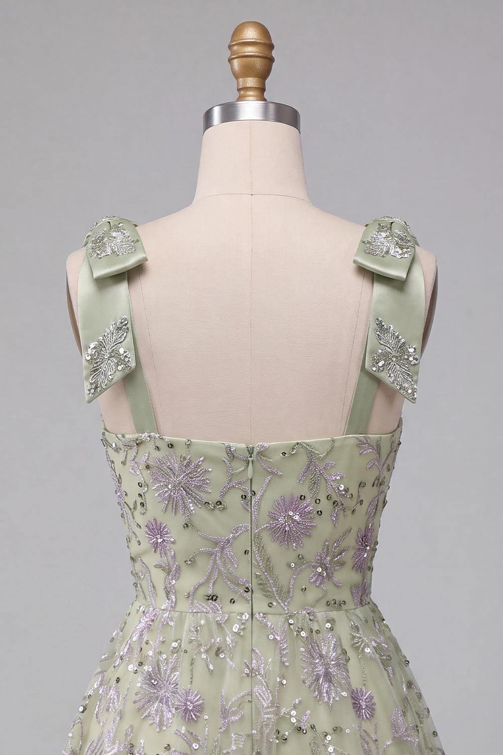 Sparkly A-Line Floral Dusty Sage Short Beaded Homecoming Dress with Bows
